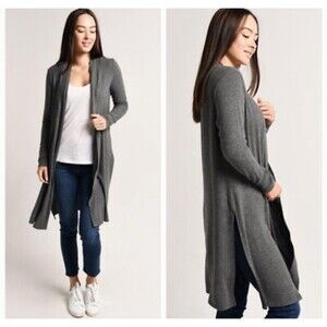 Beyond Yoga Long Cardigan Duster Womens 1X Gray Side Slits Modal Spandex Lounge